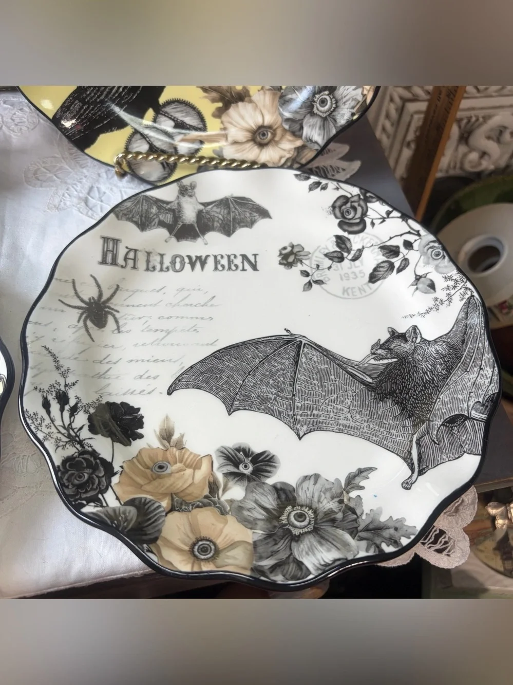 Potters studio ceramic Halloween lunch plate crow bat butterfly toad
